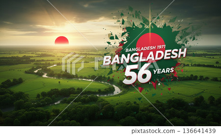 Bangladesh Independence Anniversary Poster with Green Landscape and National Colors 136641439