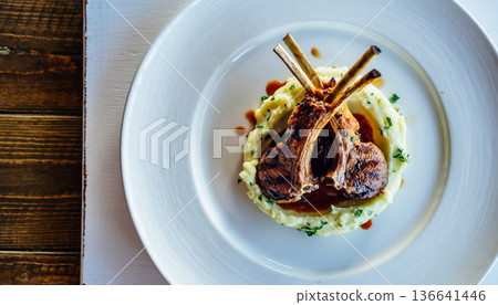 Elegant Fine Dining Gourmet Dish on White Plate 136641446