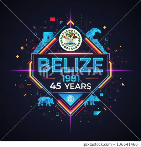 Belize Independence 45 Years Neon Style Anniversary Poster Belize Independence 45 Years Neon Style Anniversary Poster 136641460