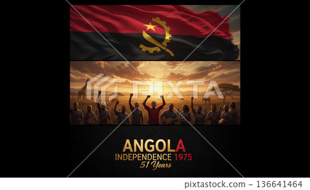 Angola Independence Anniversary Poster with National Flag and Sunset Silhouette Crowd Angola Independence Anniversary Poster with National Flag and Sunset Silhouette Crowd 136641464