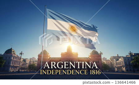 Argentina Independence Anniversary Poster with Celebration Crowd and National Flag 136641466