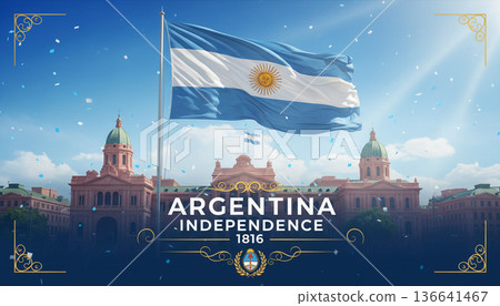 Argentina Independence Anniversary Poster with Celebration Crowd and National Flag 136641467
