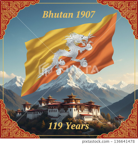 Bhutan Anniversary Poster with National Flag, Traditional Architecture, and Mountain Landscape Bhutan Anniversary Poster with National Flag, Traditional Architecture, and Mountain Landscape 136641478