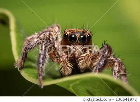 Jumping spider Which comes from the distinctive characteristics of fighters who can fly far to hunt prey. Jumping spider Which comes from the distinctive characteristics of fighters who can fly far to hunt prey. 136641978