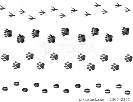 Watercolor set of wild animal footprints such as dogs, bears, deer, and birds 136642295