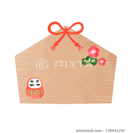 Watercolor illustration of a votive plaque, auspicious material of a daruma and plum blossoms Watercolor illustration of a votive plaque, auspicious material of a daruma and plum blossoms 136642297