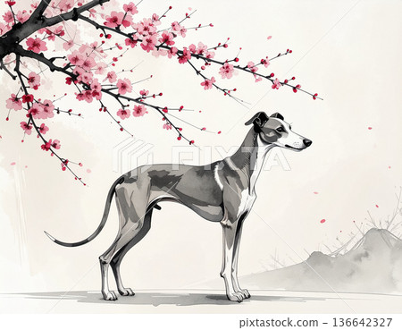 櫻花與惠比特犬水墨風格現代日本藝術 136642327