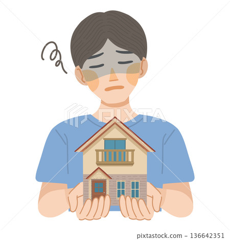 Illustration of a man regretting buying a house Illustration of a man regretting buying a house 136642351