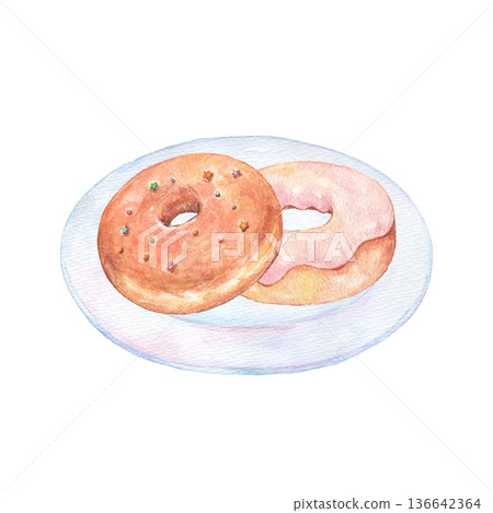 水彩甜甜圈擺放在盤上 水彩甜甜圈擺放在盤上 136642364