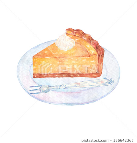 Cheese tart on a watercolor plate Cheese tart on a watercolor plate 136642365