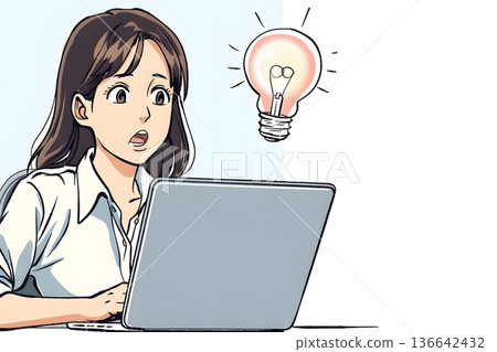 一幅插圖，描繪了一位年輕的日本女性在使用電腦時迸發出絕妙創意的情景。圖片展現了商業、問題解決、創意和靈感。 136642432