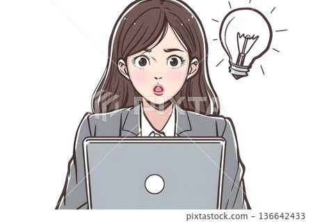 一幅插圖，描繪了一位年輕的日本女性在使用電腦時迸發出絕妙創意的情景。圖片展現了商業、問題解決、創意和靈感。 136642433