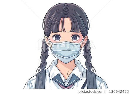 圖解：身穿水手服、戴著口罩的高中女生。圖片旨在宣傳感冒、花粉症、病毒感染的預防和衛生管理。 136642453