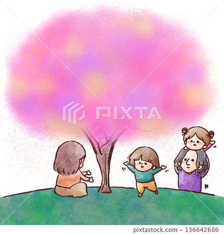 Spring illustration of a family spending time under the cherry blossom trees 136642686