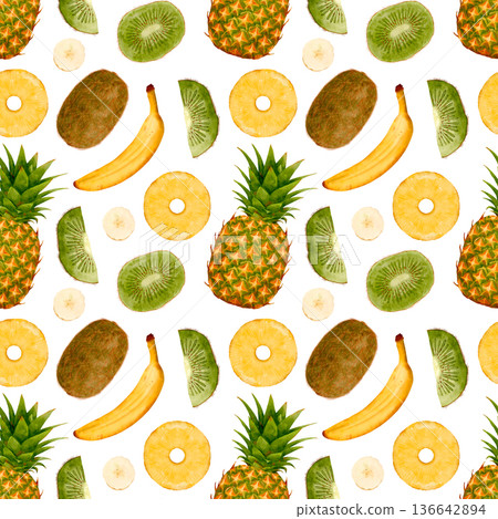 Vibrant Watercolor Tropical Fruit Collage With Playful Elements Suitable For Branding And Textiles 136642894