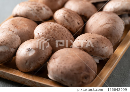 Fresh crimini mushroom or baby bella mushroom on wooden plate Fresh crimini mushroom or baby bella mushroom on wooden plate 136642999