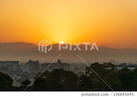Sunrise view from the castle tower of Yamatokoriyama Castle Sunrise view from the castle tower of Yamatokoriyama Castle 136643045