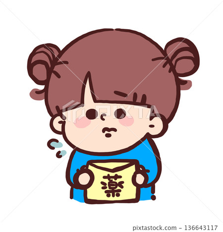 一個女孩拿著藥,擔心自己的健康。 一個女孩拿著藥,擔心自己的健康。 136643117