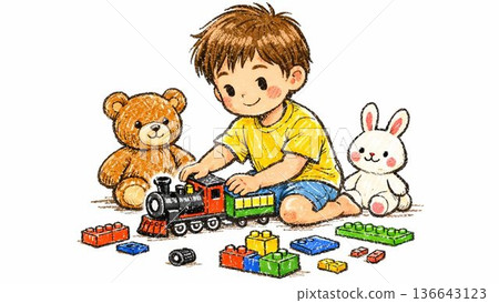 男孩玩玩具火車 136643123