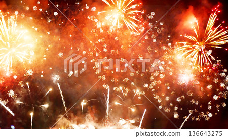 Red Firework celebrate anniversary in night time celebrate national holiday. Happy new year 2024, 4th of july holiday festival. Red firework Countdown to new year 2024 festival party time event Red Firework celebrate anniversary in night time celebrate national holiday. Happy new year 2024, 4th of july holiday festival. Red firework Countdown to new year 2024 festival party time event 136643275
