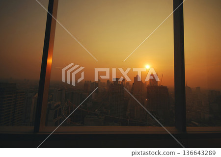 Sunset Amazing Bangkok city skyline with blue sky. Golden time Beautiful skyscraper bangkok midtown landscape. Capital building background modern office district. downtown City night life 136643289