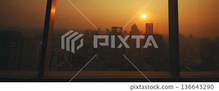 Sunset Amazing Bangkok city skyline with blue sky. Golden time Beautiful skyscraper bangkok midtown landscape. Capital building background modern office district. downtown City night life 136643290