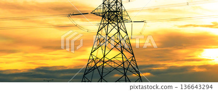 Banner High voltage pole electric wiring distribution landscape energy engineering. Electricity energetic sunset in countryside. Banner Electric power energy engineering industrial with copy space Banner High voltage pole electric wiring distribution landscape energy engineering. Electricity energetic sunset in countryside. Banner Electric power energy engineering industrial with copy space 136643294
