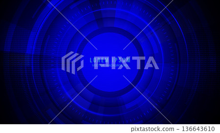 Abstract futuristic blue background with concentric circles, dotted patterns, and glowing light elements 136643610
