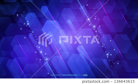 Abstract vibrant purple and blue background with overlapping hexagonal shapes, diagonal light streaks Abstract vibrant purple and blue background with overlapping hexagonal shapes, diagonal light streaks 136643615