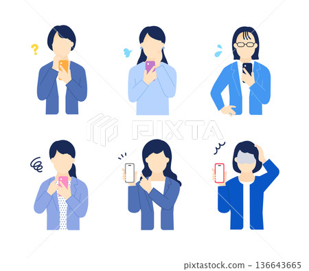 一張簡單的圖片,一位女性商務人士手持並操作智慧型手機,臉上帶著焦慮的表情。 一張簡單的圖片,一位女性商務人士手持並操作智慧型手機,臉上帶著焦慮的表情。 136643665