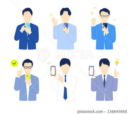 一位男性商務人士面帶微笑地手持並操作智慧型手機的簡單影像。插圖素材 一位男性商務人士面帶微笑地手持並操作智慧型手機的簡單影像。插圖素材 136643668
