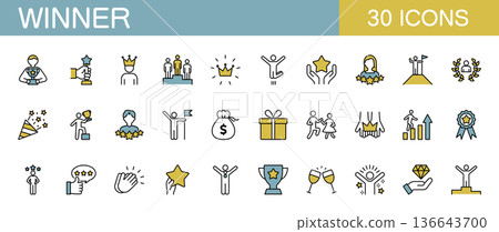 獲勝者、獎項、成功和勝利線條圖標集（彩色） 136643700