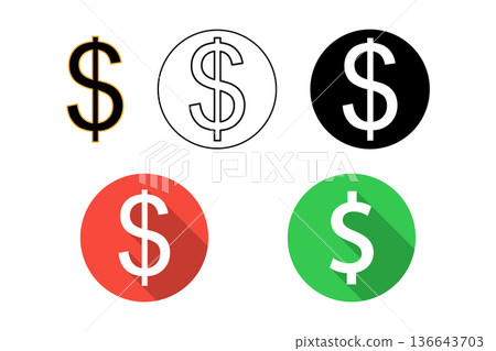Dollar Currency Icon Set Money Symbols, Finance Coins, Flat Design and Long Shadow Buttons 136643703