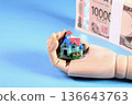 Miniature house and stack of bills on wooden hand Light blue background (image of mortgage and real estate investment) 136643763