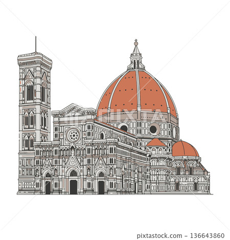 Highly Detailed Vector Illustration of Florence Cathedral Santa Maria del Fiore with Renaissance and Gothic Architecture, Iconic Historical Landmark and Tourist Attraction 136643860