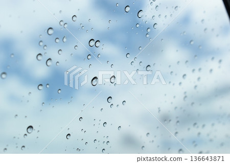 water drop on mirror with blue sky and white cloud background 136643871