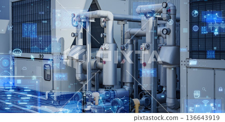 Factory piping and digital technology concept Factory piping and digital technology concept 136643919