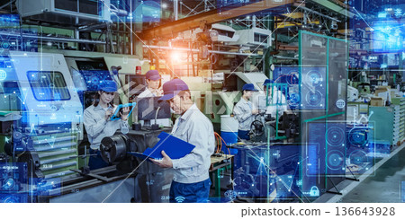 Factory workers and digital technology concept 136643928