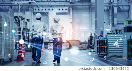 Engineers working in factory and communication network concept 136643933