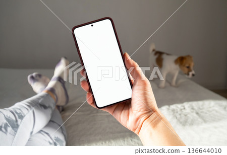 Woman holding smartphone with blank white screen for mock up display. 136644010