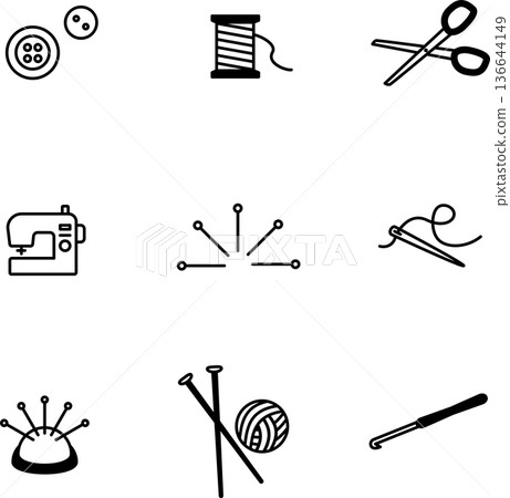 縫紉用品圖示集,粗線 縫紉用品圖示集,粗線 136644149
