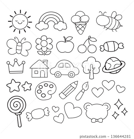 Cute Kids Doodle Outline Icon Set with Sun Rainbow Bee Flower House Car Hearts and Cartoon Elements Vector Collection Cute Kids Doodle Outline Icon Set with Sun Rainbow Bee Flower House Car Hearts and Cartoon Elements Vector Collection 136644281
