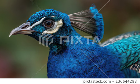 Portrait of blue peacock bird head in profile featuring beautiful feather plume and elegant eye looking calm against green nature bokeh background 136644288