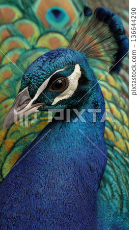 Beautiful majestic peacock bird portrait with colorful blue feather plumage showing proud elegant wild animal look in nature 136644290
