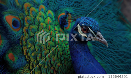 Majestic close up blue peacock portrait with colorful feather detail showing elegance beauty in wild nature Majestic close up blue peacock portrait with colorful feather detail showing elegance beauty in wild nature 136644291