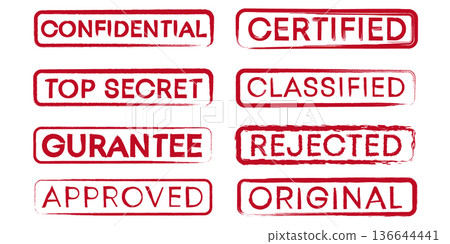 Red Grunge Rubber Stamp Collection with Confidential Certified Approved Rejected and Classified Text Vector Set 136644441