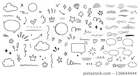 Hand Drawn Doodle Elements Collection with Arrows Stars Speech Bubbles Hearts and Decorative Icons Vector Set 136644444
