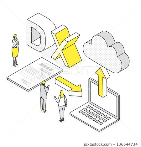 基於數位轉型影像，繪製了參與雲端協作和數位轉型的人員的等距插圖。 136644734