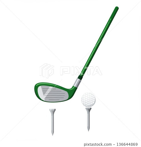 Green Golf Club with Ball and Tees on White Background 136644869