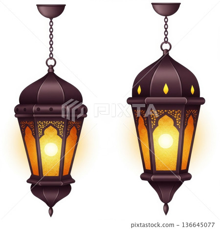 Two Ornate Hanging Lanterns with Warm Golden Light 136645077